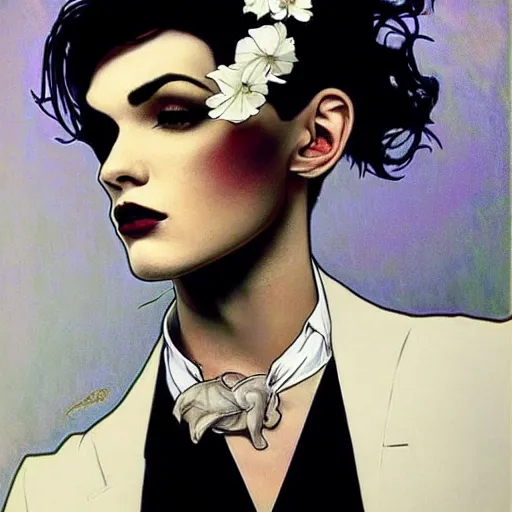 Image similar to beautiful portrait of androgynous ruby rose as desire from sandman in a white tuxedo!!!, rockabilly style,, by alphonse mucha, by peter lindbergh, cedric peyravernay, by jeremy mann, by frank moth, white suit and black tie, soft lightning, high detailed, 8 k