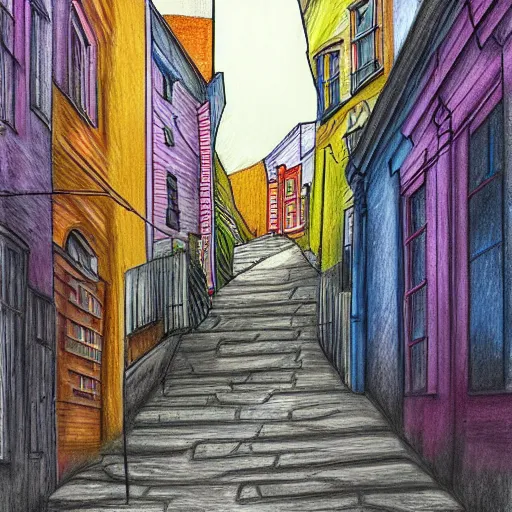 Image similar to narrow street between houses, colorful pencil drawing, concept art, high detail