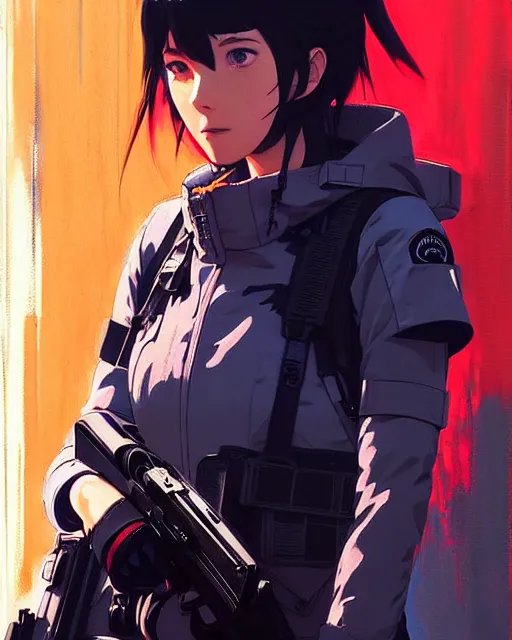 Image similar to girl wearing in tactical gear | | audrey plaza, fine detail!! anime!! realistic shaded lighting!! dramatic!! poster by ilya kuvshinov katsuhiro otomo ghost - in - the - shell, magali villeneuve, artgerm, jeremy lipkin and michael garmash and rob rey