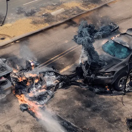 Prompt: drone footage of a car fire, photo realistic, award winning