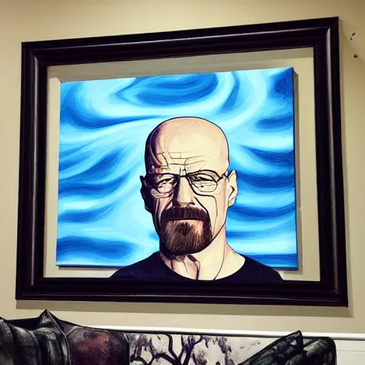 Prompt: an optical illusion painting of Walter white amidst a painting of trees water and sky