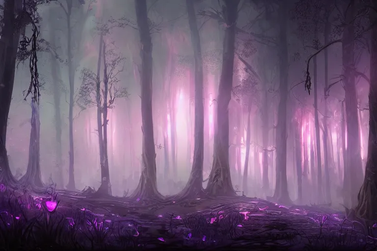 ancient magical dark forest, tall purple and pink | Stable Diffusion ...