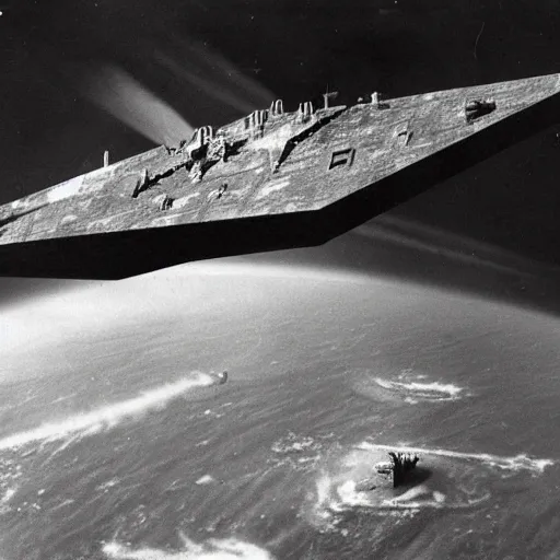 Image similar to an old ww2 photograph of a star destroyer crashing into earth