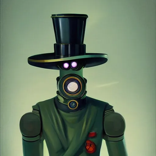 Prompt: a prim futurama robot bender with a top hat on his head and a monocle. digital art, artstation, concept art, smooth, sharp focus, illustration, art by peter mohrbacher