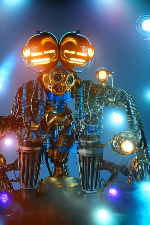 Image similar to portrait photo of a giant huge golden and blue metal humanoid steampunk cyborg female with a human face singing with mouth open and gears and tubes, in the foreground is a big red glowing microphone, eyes are glowing red lightbulbs, shiny crisp finish, 3 d render, 8 k, insaneley detailed, fluorescent colors, background is multicolored lasershow