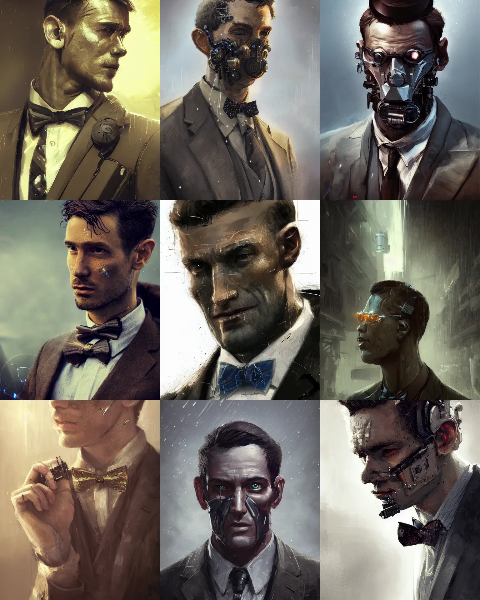 Image similar to a rugged young engineer man with cybernetic enhancements wearing a suit and bowtie, detailed face, scifi character portrait by greg rutkowski, esuthio, craig mullins, 1 / 4 headshot, cinematic lighting, dystopian scifi gear, gloomy, profile picture, mechanical, half robot, implants, steampunk