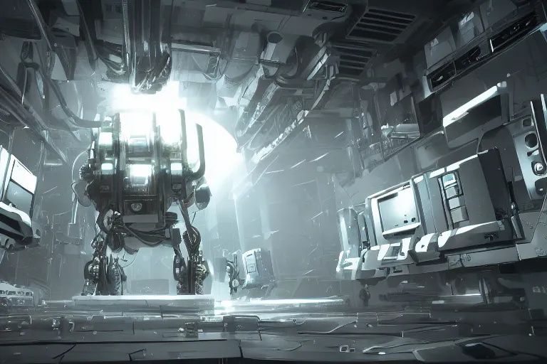 Image similar to parallax datacenter server room single mono colossus white rusty android robosaurus guard in artstation cinematic detailed concept art volumetric light sharp coherent cgsociety symmetric perfect server equipment