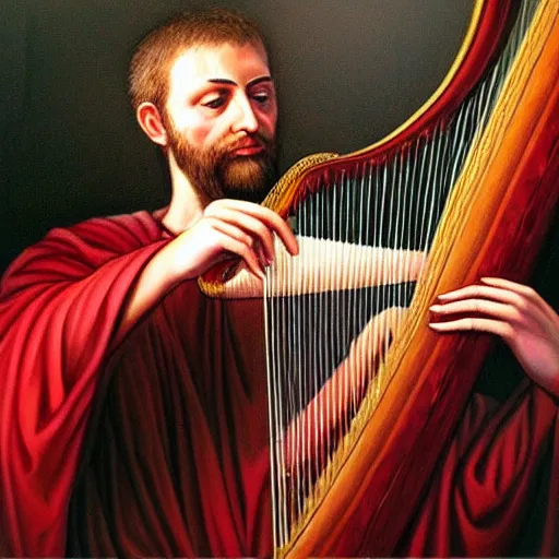 Prompt: detailed hyper - realistic painting of king david playing the harp