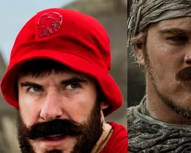 Prompt: promotional image of real life super mario in game of thrones, realistic, red cap, red clothes, detailed face, movie still frame, promotional image, imax 70 mm footage