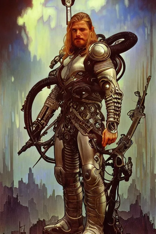 Prompt: realistic detailed american portrait with a pose of a handsome futuristic viking warrior in alien cyberpunk armor by alphonse mucha, ayami kojima, amano, greg hildebrandt, and mark brooks, male, masculine, art nouveau, cyberpunk, neo - gothic, gothic, character concept design