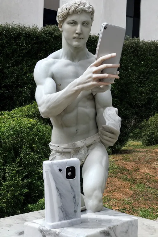 Image similar to marble sculpture of a man holding a marble phone to take a selfie