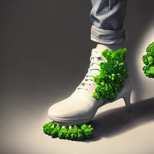 Image similar to A hyper real comic book style portait painting of shoes made of broccoli, unreal 5, hyperrealistic, octane render, cosplay, RPG portrait, dynamic lighting