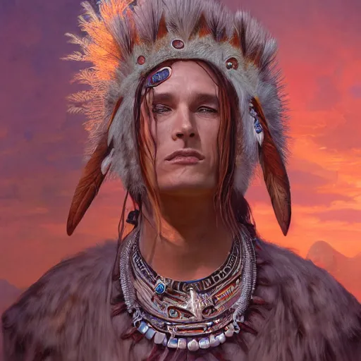 Image similar to A beautiful matte painting of a portrait of a gobelin shaman, jeweled and trinket, inspired by d&d, slender symmetrical face and body, fantasy, octane render, 16k, 8k, high res, well rendered, art by John Howe and Keith Parkinson and Larry Elmore, trending on artstation, featured on behance.