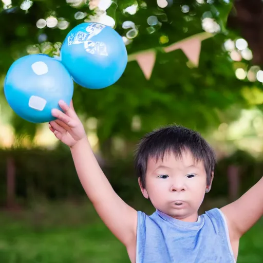 Prompt: child squeezing a party ball EOS-1D, f/1.4, ISO 200, 1/160s, 8K, RAW, unedited, symmetrical balance, in-frame