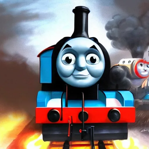 Image similar to concept art of thomas the tank engine committing war crimes, 4 k, trending on artstation, concept art, painterly brush strokes