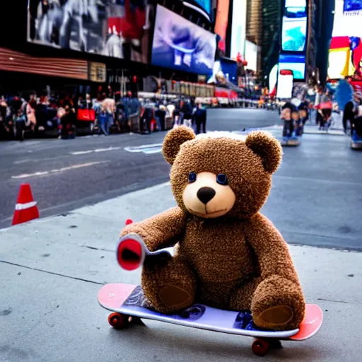 Prompt: a teddy bear on a skateboard in times square