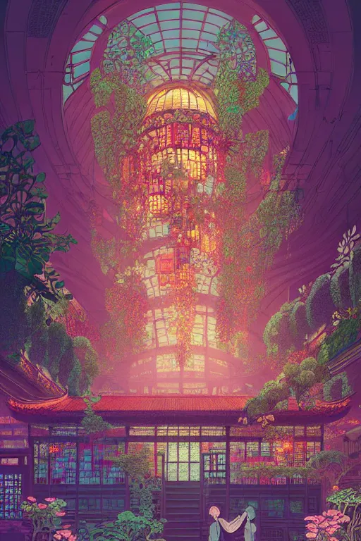 Image similar to a beautiful hyperdetailed matte illustration victo ngai cyberpunk style of absolutely beautiful blooming flower house, from china, perfectly shaded, atmospheric lighting, style of studio ghibli, makoto shinkai, raphael lacoste, louis comfort tiffany, artgerm, james jean, ross tran, chinese style