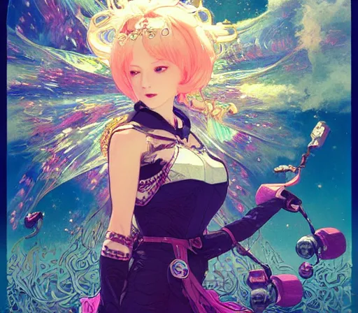 Image similar to paralytic feast on the rhinestone sky : : electric visions in nightmares, illustration trending on artstation, anime. by hayao miyazaki and rossdraws and artgerm and greg rutkowski and alphonse mucha and studio ghibli and ilya kuvshinov. high quality, stunning, intricate detailed character. 8 k