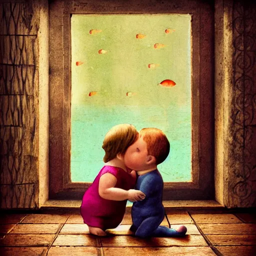 Image similar to the same style. the most beautiful little fat sweet girl is kissing a huge colorful cute fish. modern etching. colored print. hype realistic scene. old photography style. studio lighting. window. 3 d, octane render, deep focus