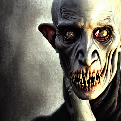 Image similar to portrait painting of horrifyingly disfigured nosferatu vampire wearing battered vietnam fatigues, ultra realistic, concept art, intricate details, eerie, highly detailed, photorealistic, octane render, 8 k, unreal engine. art by artgerm and greg rutkowski and charlie bowater and magali villeneuve and alphonse mucha