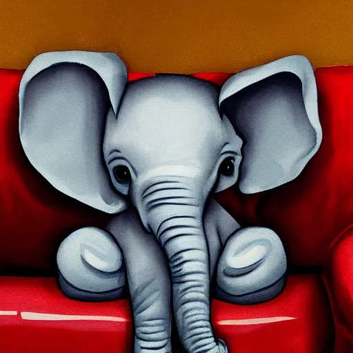 Image similar to cute baby elephant sitting on sofa watching tv detailed digital painting