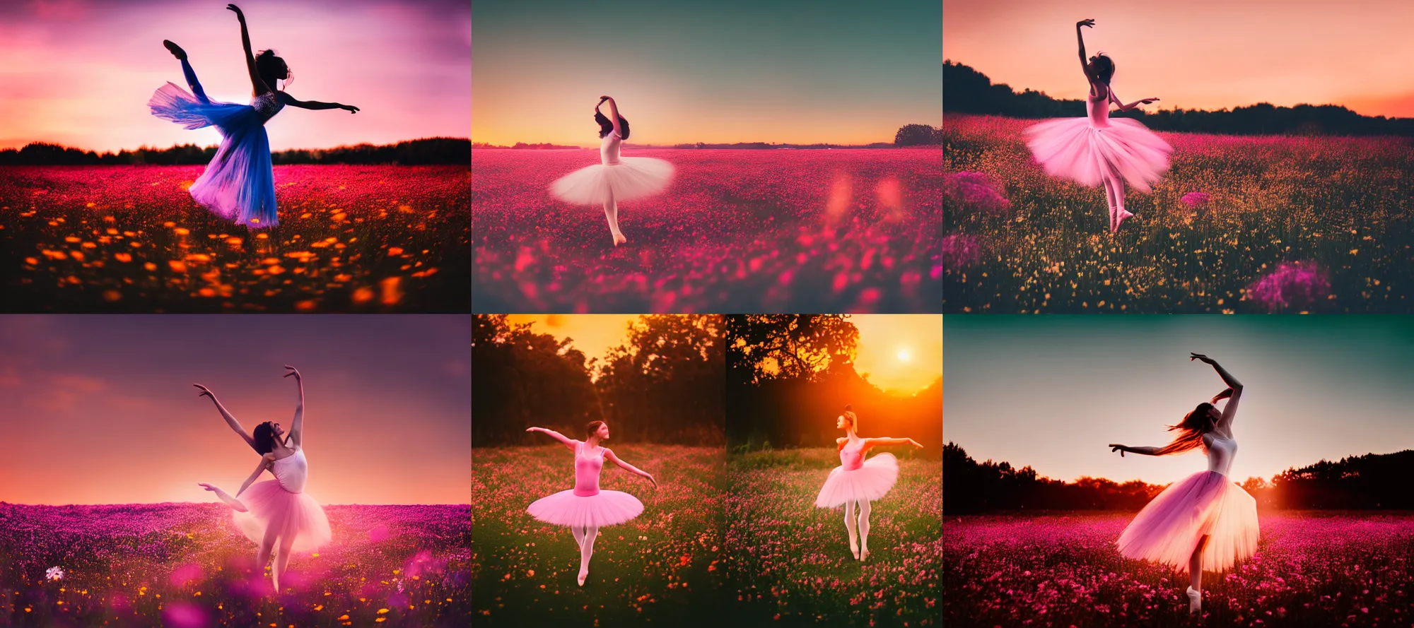 Prompt: 50mm DSLR photograph of a magical flower meadow at sunset, ethereal ballerina dancing in the center, moody tones, soft lighting, photography, panoramic view, Hyperdetailed, Lightroom preset, photorealistic, Unsplash