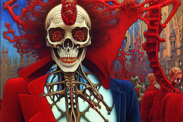 Image similar to realistic detailed closeup portrait painting of a single skeleton wearing red velvet blazer in a crowded futuristic moscow street by Jean Delville, Amano, Yves Tanguy, Alphonse Mucha, Ernst Haeckel, Edward Robert Hughes, Roger Dean, rich moody colours, blue eyes