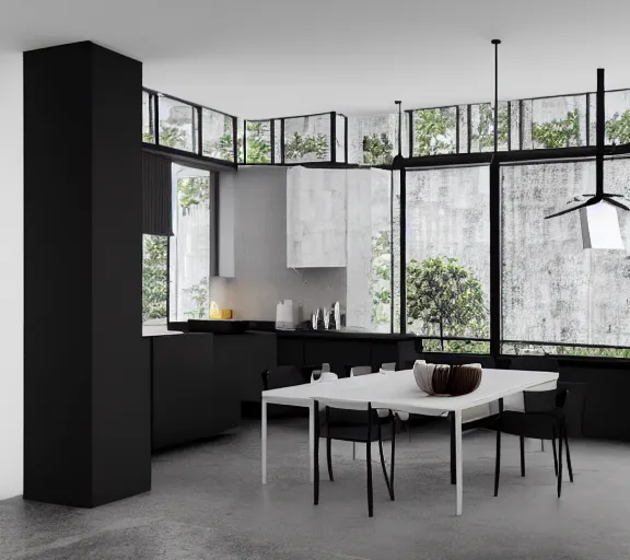 Prompt: brutalist black house kitchen interior design minimalist organic, organic architecture furniture open space high quality octane render blender 8 k