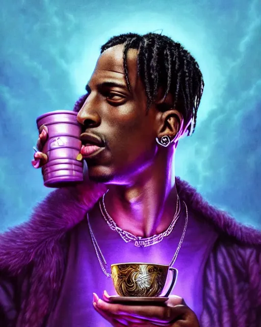 Image similar to travis scott holding cup of codeine, accurate details, detailed face, purple liquid in cup glowing, fantasy, dramatic, intricate, elegant, highly detailed, digital painting, artstation, concept art, smooth, sharp focus, illustration, art by Gustave Dore, octane render