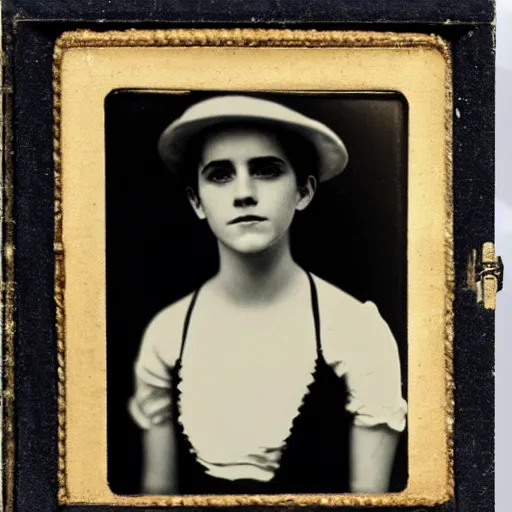 Image similar to emma watson early 20th century ganster with bowler hat Daguerreotype photography by Louis Daguerre