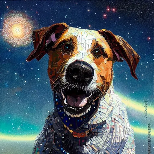 Prompt: mosaic portrait of a beautiful young dog falling into the stars by greg rutkowski, 4k, intricate details
