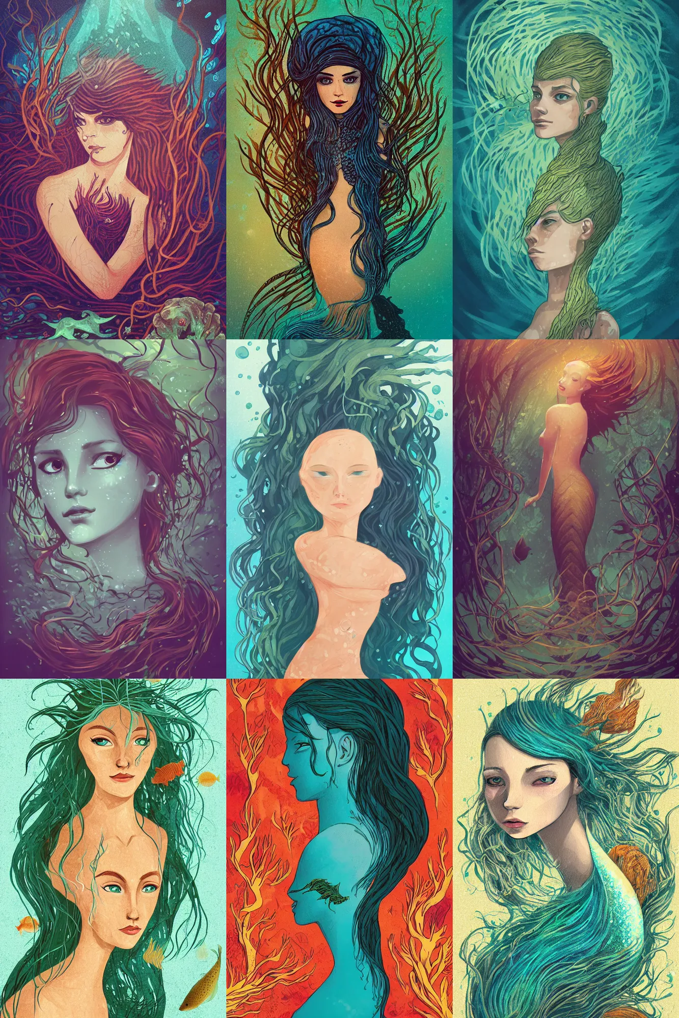 Image similar to head and shoulder portrait illustration of a mermaid under the sea, surrounded by kelp, fish swimming around, art by Anato Finnstark