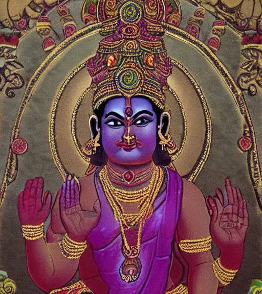 Image similar to mystical hindu god of wealth and money, film photo, grainy, high detail, high resolution