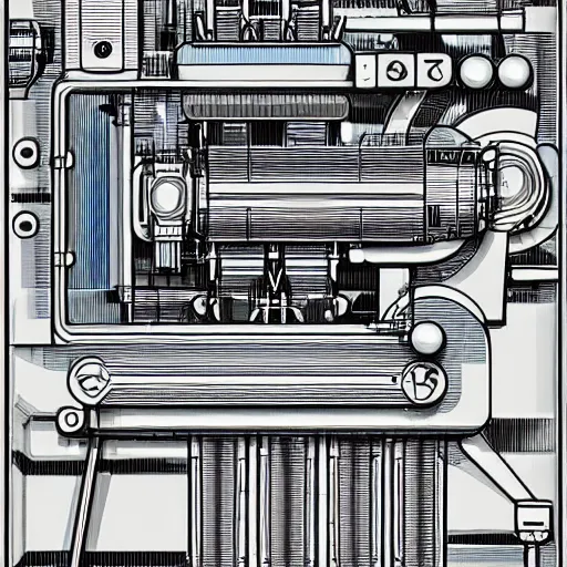 Image similar to a very detailed technically accurate blueprint of futuristic machinery, highly detailed
