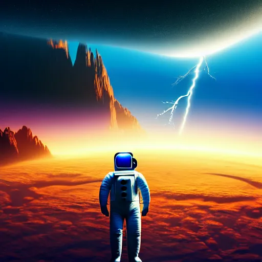 Prompt: astronaut finding a flower on an alien planet with mountains, water, strange clouds, hyper realistic, dramatic lightning, ray tracing, high resolution photo, 8 k