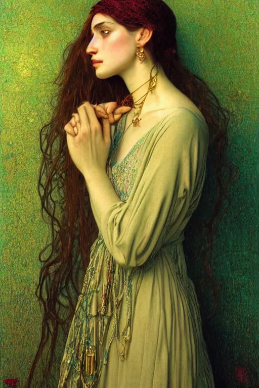 Image similar to 8k Portrait of a Beautiful sad Arabic female, sad green eyes, beautiful Porcelain skin, no hands, elegant, jewellery, digital painting, Pre-Raphaelites, highly detailed, concept art, cinematic lighting, smooth, sharp focus, gold, red and indigo, illustration, art by Klimt zdislav beksinski Alphonse Mucha.