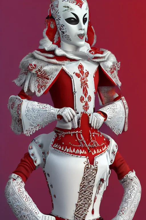 Image similar to female adventurer in tight full - body white embroidered leather armor of vyshyvanka design with red accents and a red porcelain crow mask, trending in artstation, ukrainian, artstation, big moon in the background, establishing shot