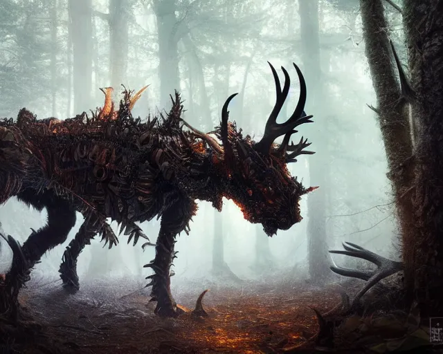 Prompt: 5 5 mm portrait photo of an armored demonic cat with antlers, in a magical forest. magical atmosphere. art by greg rutkowski. highly detailed 8 k. intricate. lifelike. soft light. nikon d 8 5 0.