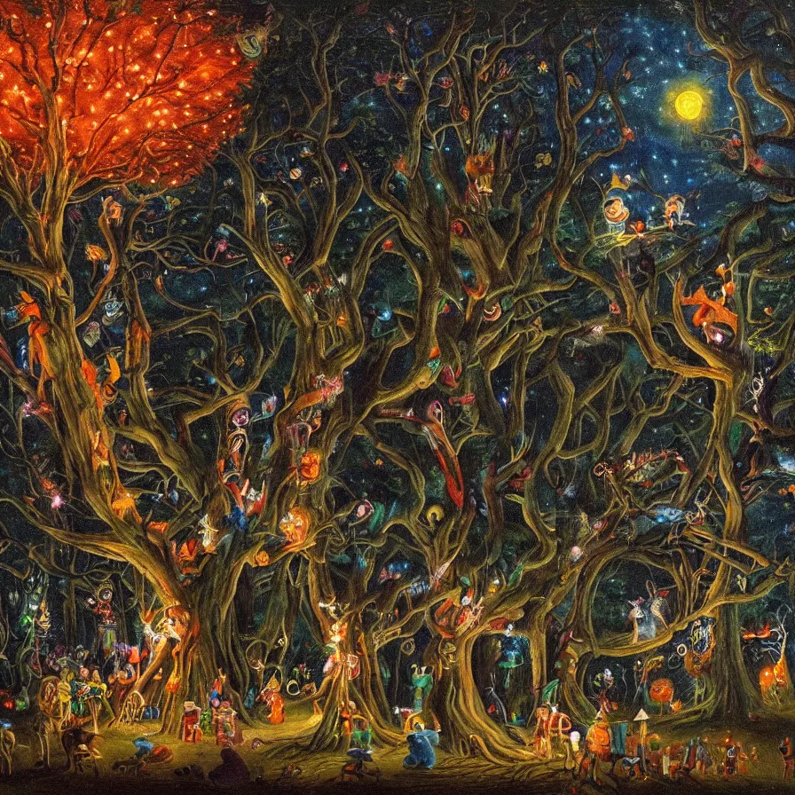 Prompt: a night carnival around a magical tree cavity, with a surreal orange moonlight and fireworks in the background, next to a lake with iridiscent water, christmas lights, folklore animals and people disguised as fantastic creatures in a magical forest by summer night, masterpiece painted by georg friedrich kersting, dark night environment