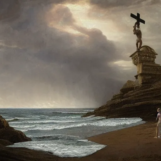 Image similar to a highly detailed tarot card of a large cross standing on the beach as a storm comes in with the tide, woman sitting in the sand watching the ocean, epic fantasy, god rays, rocky beach, ultrawide lense, aerial photography, unreal engine, exquisite detail, 8 k, art by albert bierstadt and greg rutkowski and thomas moran and alphonse mucha