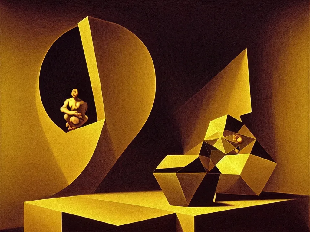 Image similar to hyperrealistic still life portrait of a mind exploding inside of a serene temple, beautiful plans, sacred geometry, light refracting through prisms in a tesseract, by Caravaggio, botanical print, surrealism, vivid colors, serene, golden ratio, rule of thirds, negative space, minimalist composition