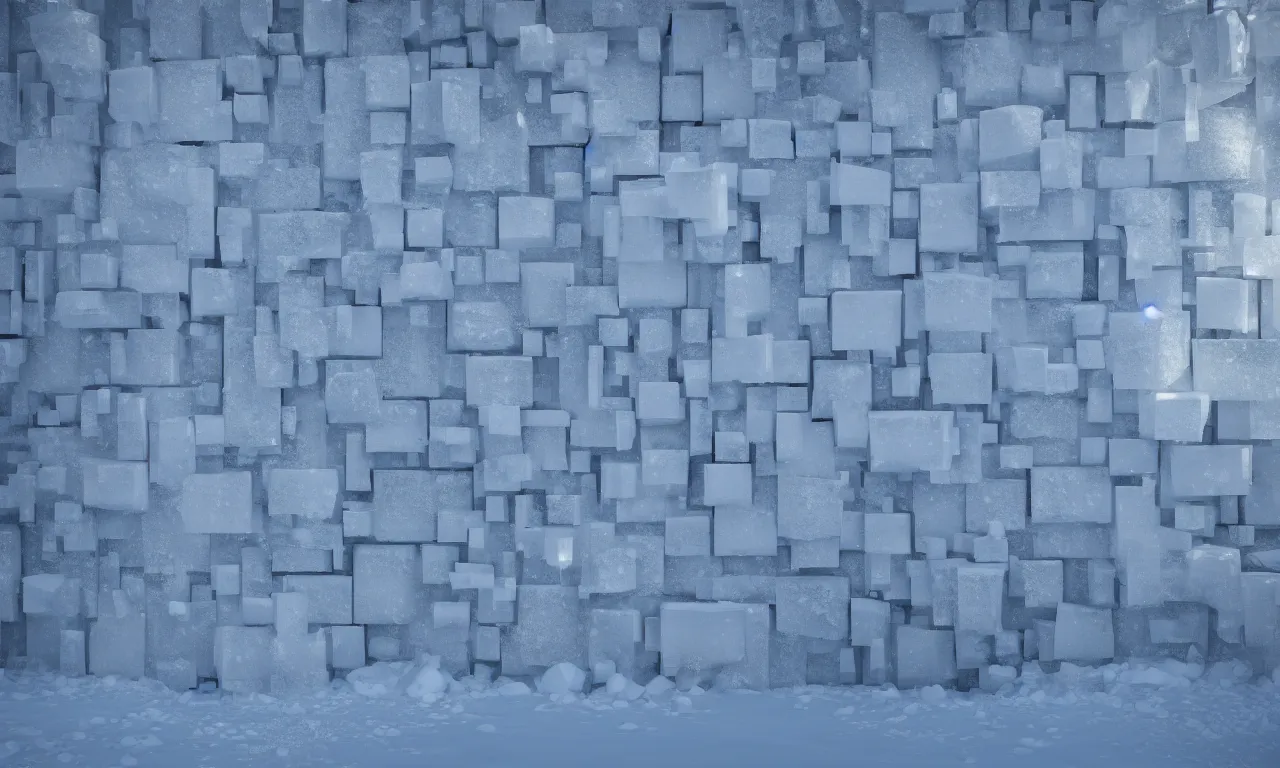 Image similar to a wall made of stacked ice in distance snowstorm ， high quality, octane render ， icey tundra, snowy landscape