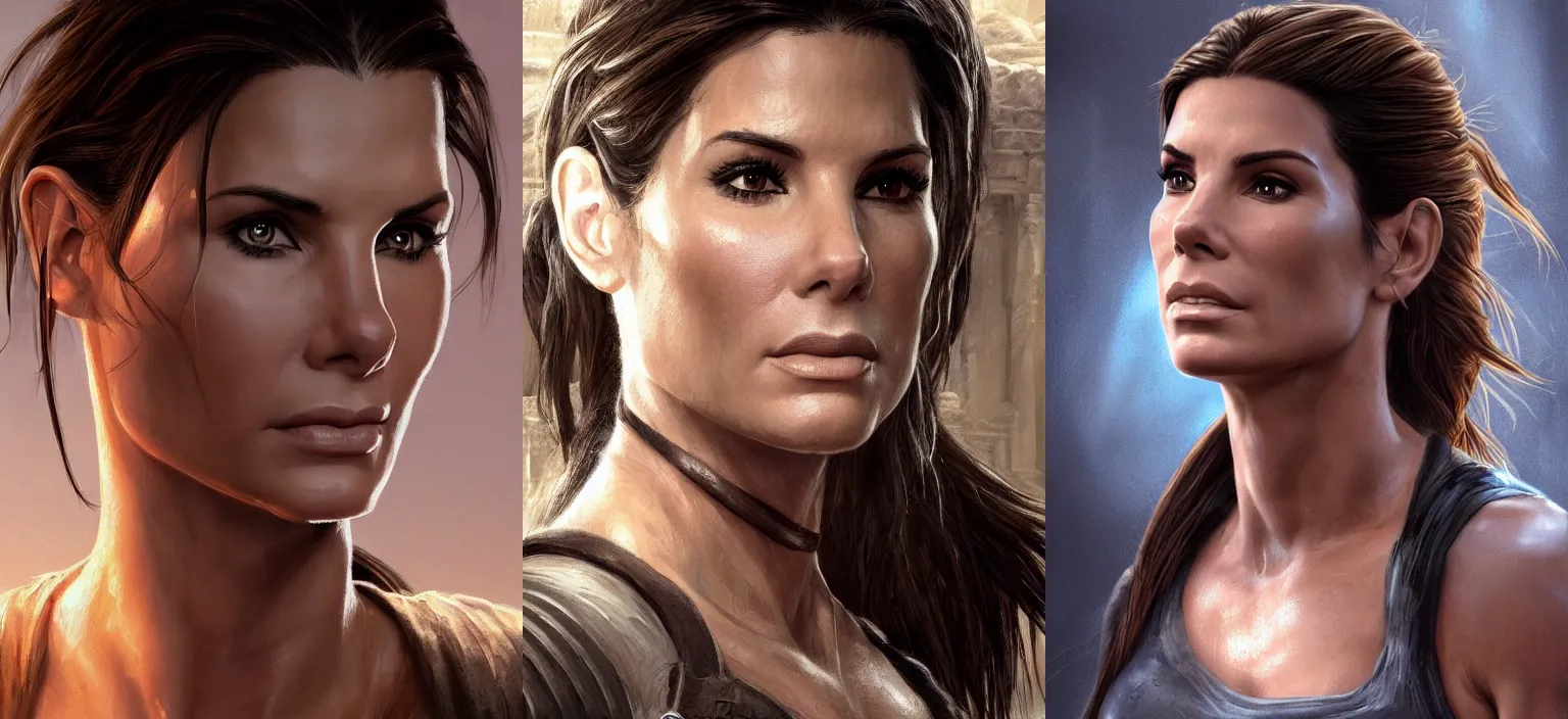 Prompt: face portrait of concentrated young Sandra Bullock as muscled Lara Croft stepping out epic ancient ruins directly looking into the camera, sun beams, intricate, elegant, highly detailed, centered, crispy sharp digital painting, artstation, concept art, smooth, sharp focus, illustration, Allan Lee, John Howe