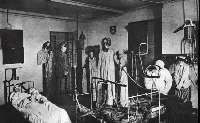 Prompt: old photo from the 1 9 2 0's of a haunted mental institution with disturbing patients and robotic doctors very detailed.