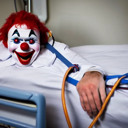 Image similar to confused laughing clown lying in hospital bed with wrist restraints on, restraint fabric straps attached to hospital bed, photograph, 8 k