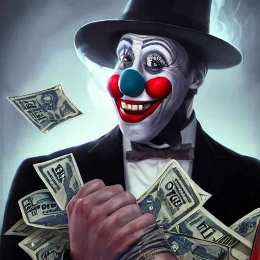 Prompt: epic portrait a clown masked man in a suit burning stack of cash, glowing, steam digital painting, artstation, concept art, soft light, hdri, smooth, sharp focus, illustration, fantasy, intricate, elegant, highly detailed, D&D, matte painting, in the style of Greg Rutkowski and Alphonse Mucha and artemisia, 8k, highly detailed, jurgens, rutkowski, bouguereau, pastoral, rustic, georgic