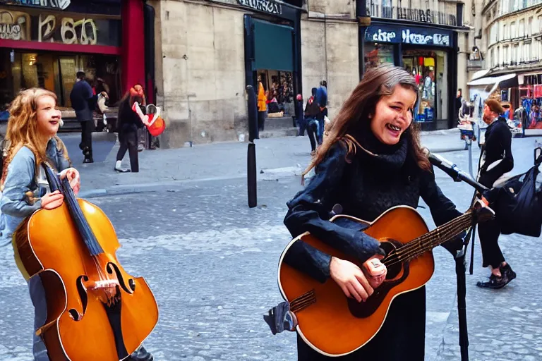 Prompt: a busking girl in the streets of paris with a pirate smile, hyperrealism, 8k