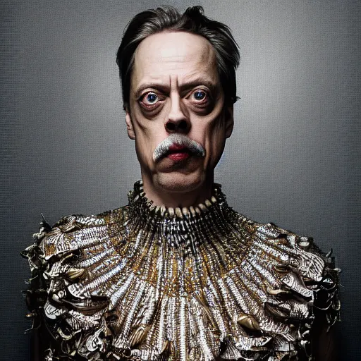 Image similar to 8 5 mm f 1. 8 photograph of steve buscemi wearing an ornate costume by iris van herpen, highly detailed, digital painting, artstation, smooth, sharp foccus, commercial photography, fashion shoot