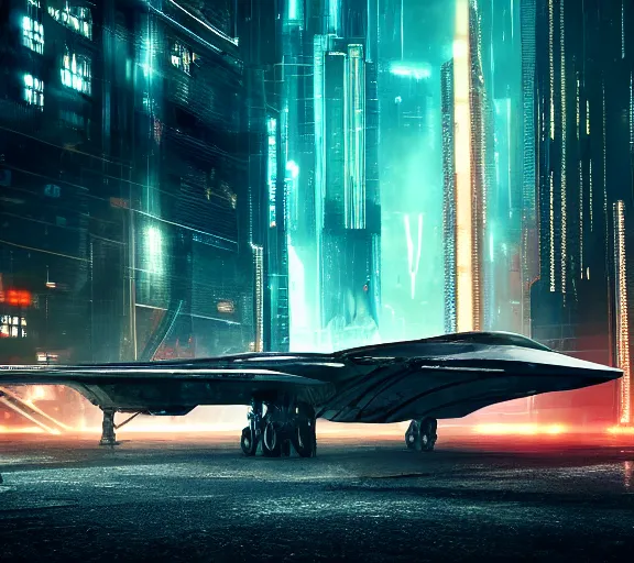 Image similar to futuristic sci fi jet lands at runway of cyberpunk city, night photo ,dark cinematic lighting , digital concept art, bladerunner 2049
