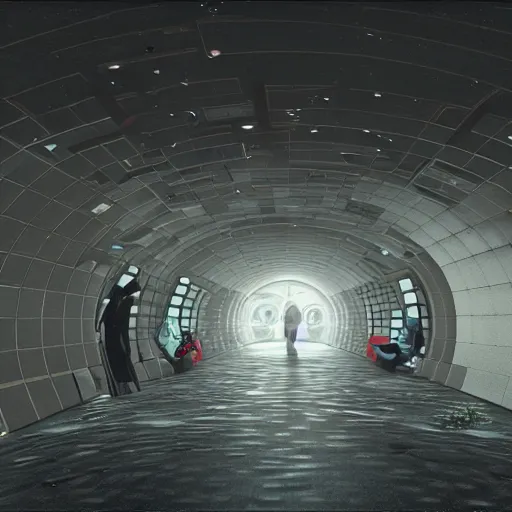 Image similar to an underground metro with a view on space,3d render, realistic, highly detailed, artwork, cinematic, hyper realistic